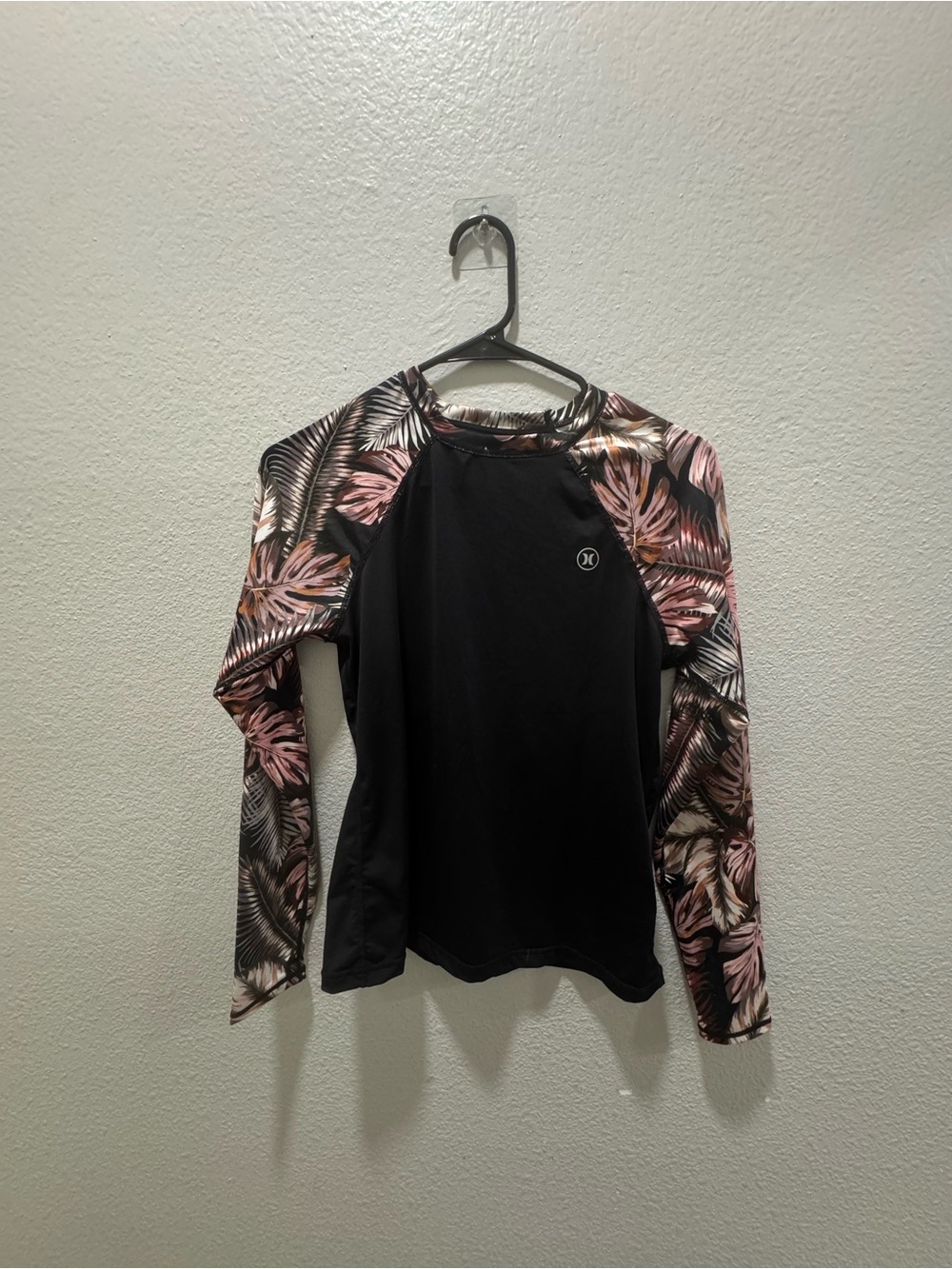Hurley Black Rash Guard with Pink and Brown Tropical Sleeve Print